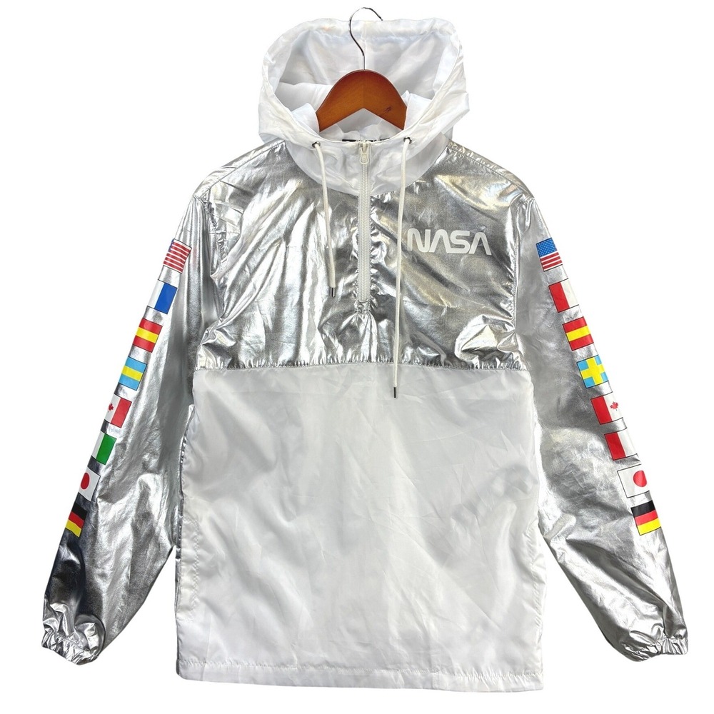 Hyper Space NASA Windbreaker Anorak Jacket Mens S Silver White Flag Sleeve Space